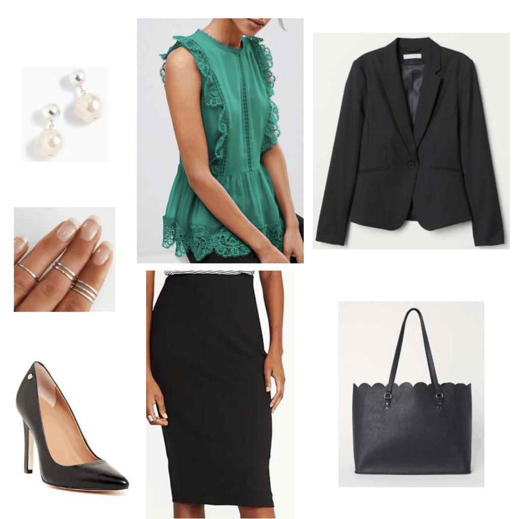 business casual outfit black skirt suit with pop of color green lace blouse black blazer black pencil skirt pearl earrings silver stacked rings black pumps black scalloped bag outfit