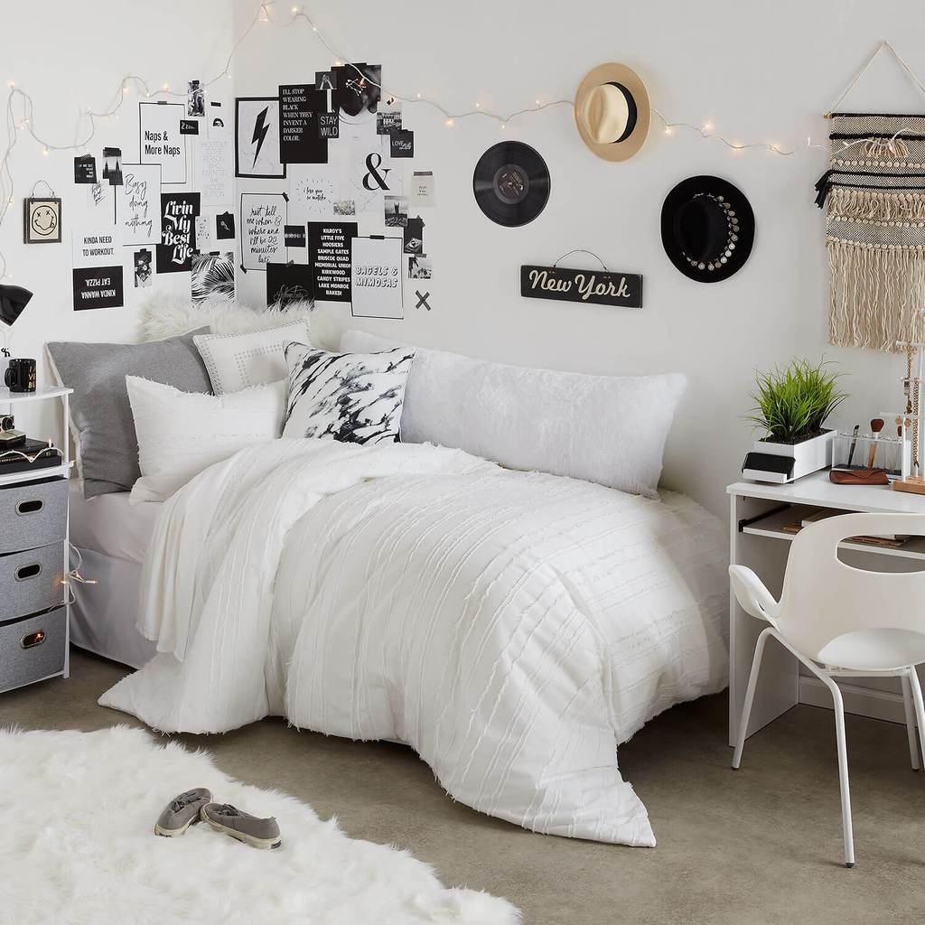 All white/neutral dorm room example