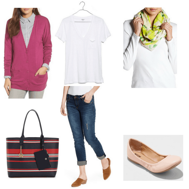 Casual Chic finals outfit with white tee, boyfriend jeans, scarf, purple cardigan, flats, and striped bag