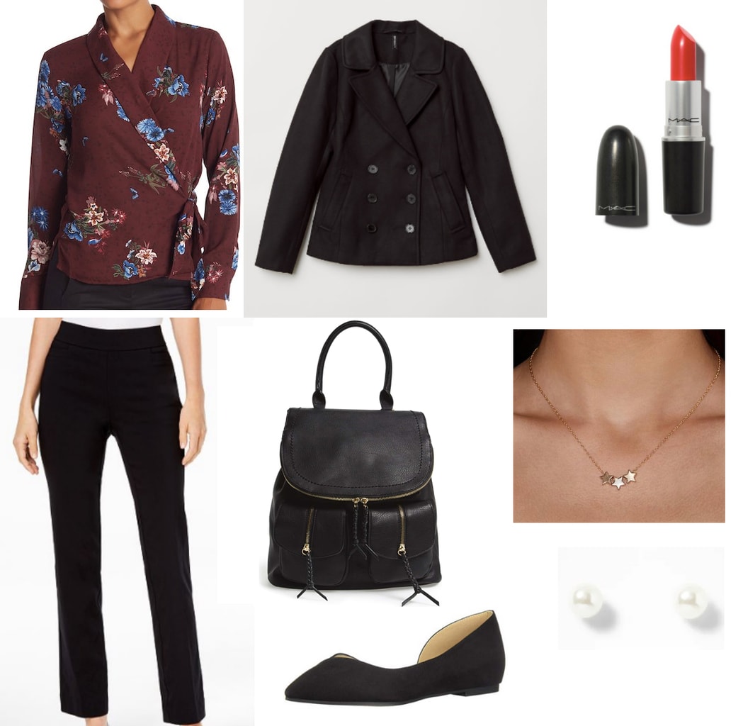 Class presentation outfit idea: Maroon wrap top, black blazer, dress pants, black leather backpack, simple earrings, red lipstick, black flats, pearl earrings