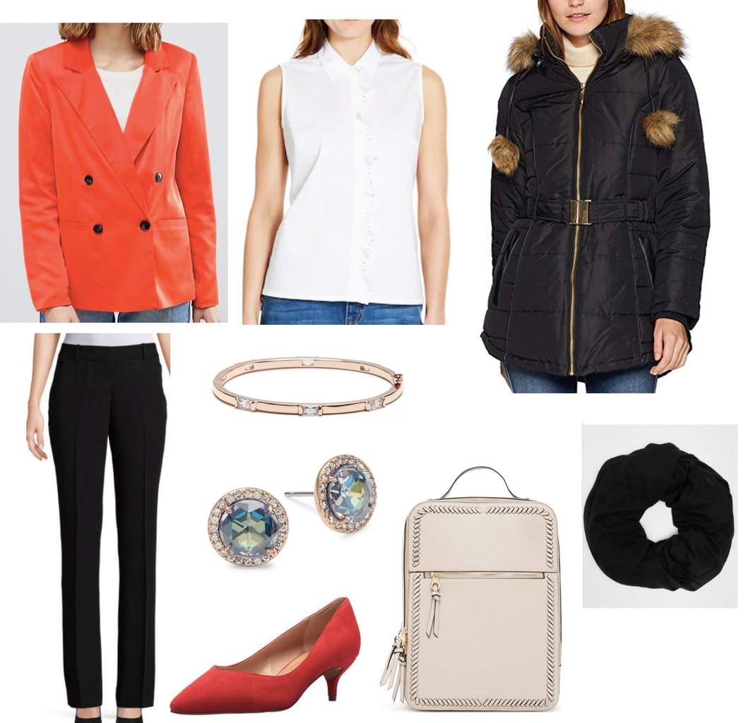 Class presentation outfit 3: White button down blouse, double breasted red blazer, black dress pants, parka, circle scarf, beige backpack, red heels, rose gold jewelry