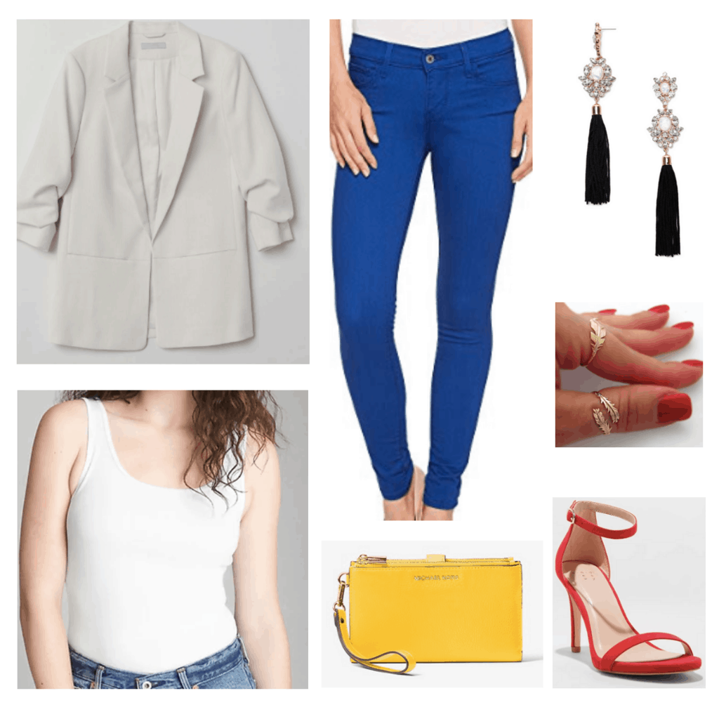 colorblock outfit primary color outfit white blazer bright blue jeans black earrings gold leaf rings red heels yellow clutch bag white tank top