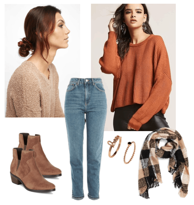 How to wear scrunchies: Cute and casual outfit with mom jeans, burnt orange sweater, faux suede booties, buffalo check scarf