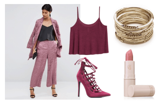 Pretty summer outfit idea inspired by Esther from Ni No Kuni: Wrath of the White Witch: Purple culottes, dark purple cropped cami, purple lace-up heels, pink nude lipstick