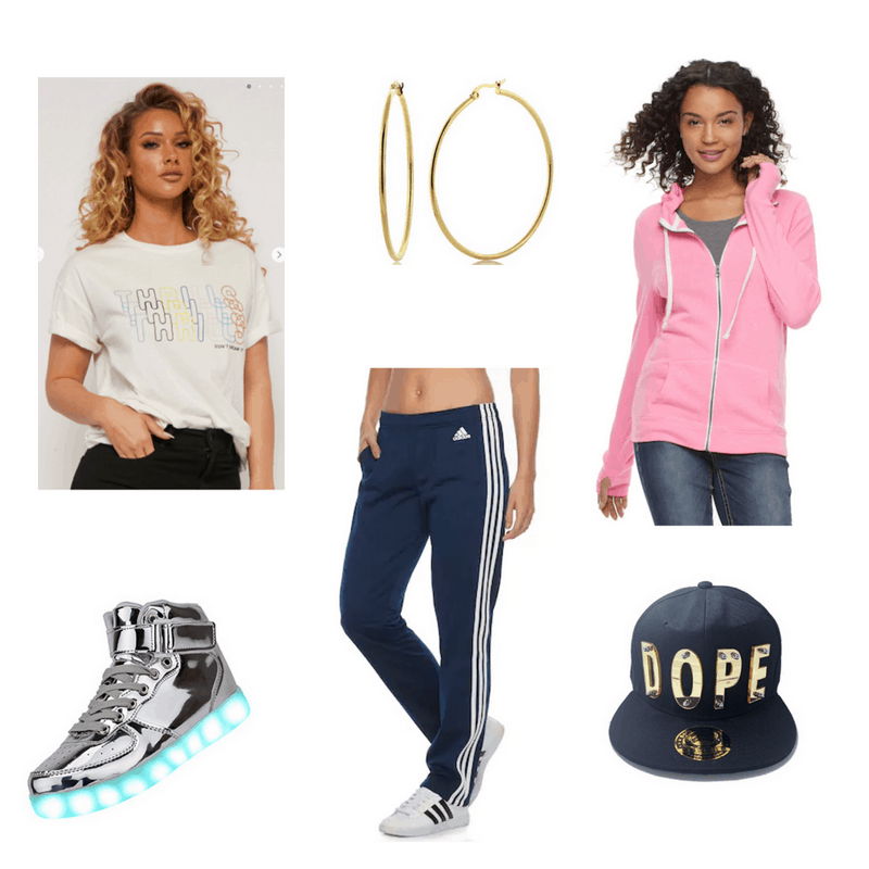 Hip Hop-inspired outfit with graphic tee, track pants, hoodie, hoop earrings, sneakers, and baseball cap
