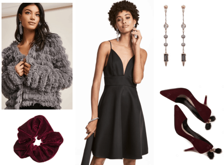 Dressed up way to wear a scrunchie: Furry sweater, black dress, pom pom heels, dangly earrings