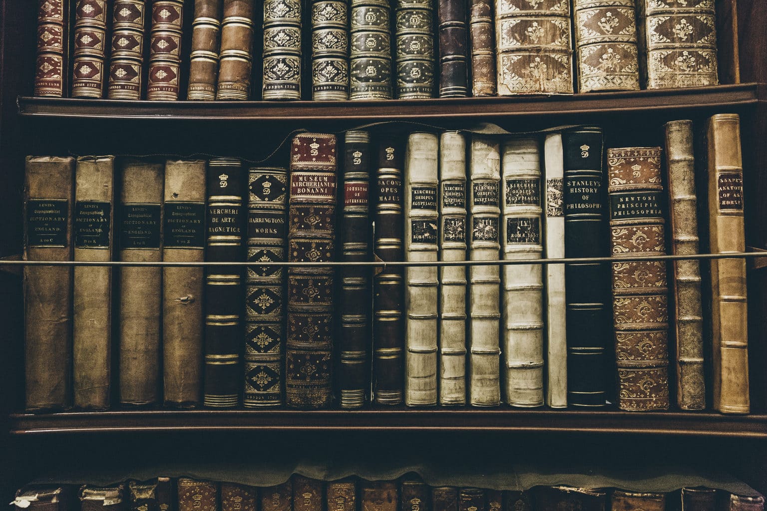 A library shelf full of old, elaborately decorative books