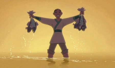 Disney's Mulan dressed as Ping holding fish