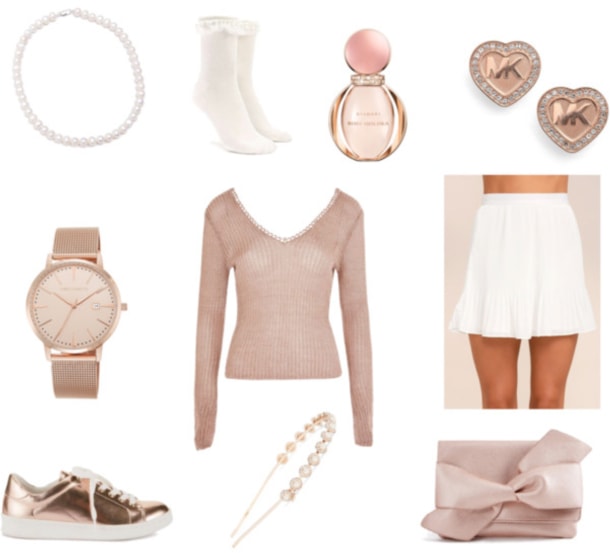 white and rose gold outfit