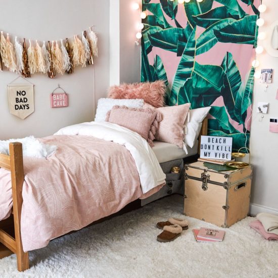 Tropical pink bungalow room setup from Dormify.