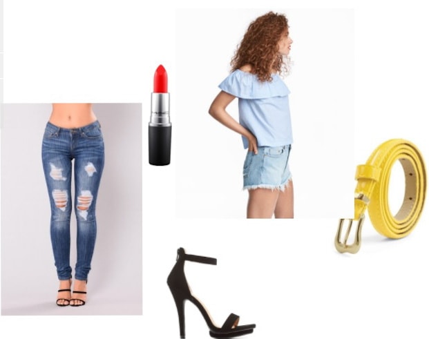 How to style an off-the-shoulder light blue top with ripped jeans, red lipstick, yellow belt, strappy high heel sandals