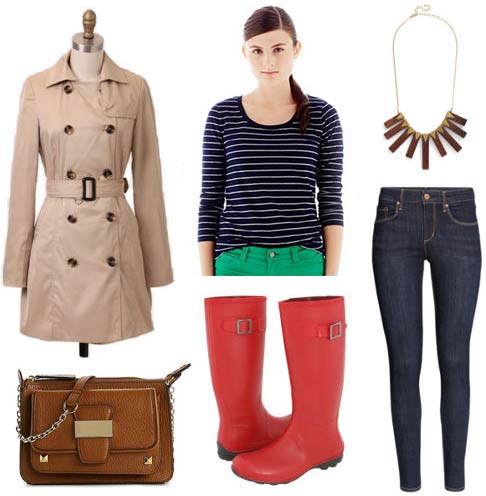 How to wear rain boots: Red boots, skinny jeans, striped tee, trench coat, necklace