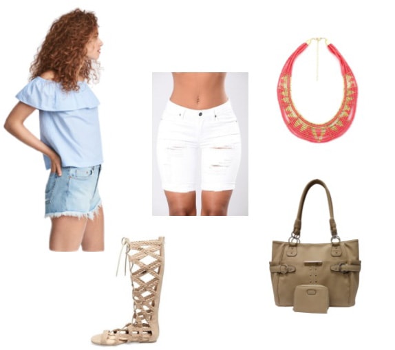 How to style an off-the-shoulder light blue top with ripped white denim shorts, gladiator sandals, tan top