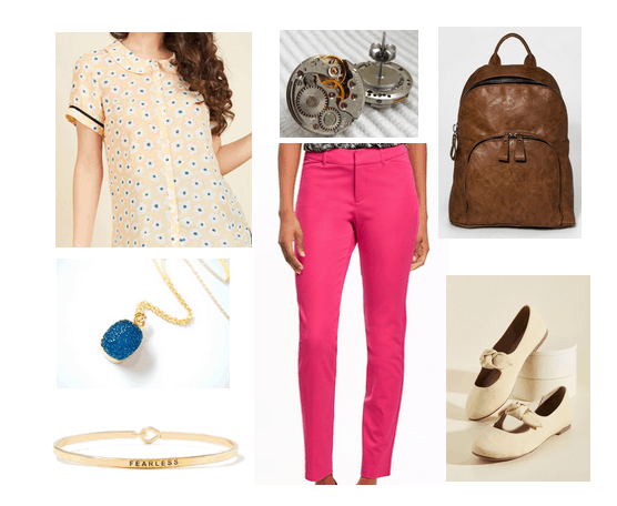 Outfit inspired by Castle in the Sky movie: Vintage style tee shirt, pink trousers, blue necklace, Fearless bangle, bow flats, brown backpack, steampunk stud earrings