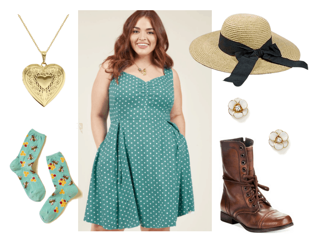 Outfit inspired by Howl's Moving Castle: Teal polka dot dress, ankle socks, hat with a bow, flower earrings, locket, brown lace up boots