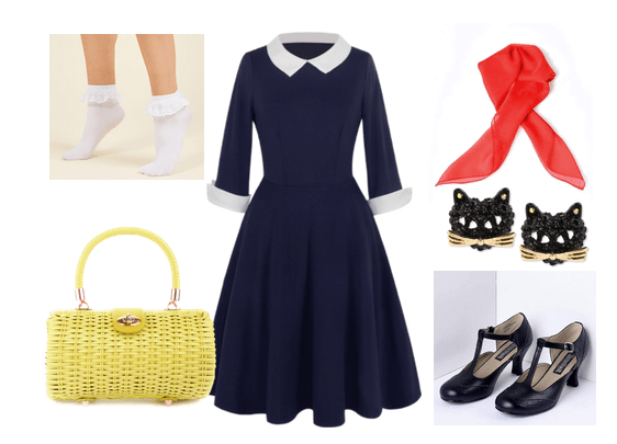 Outfit inspired by Kiki's Delivery Service movie: Navy dress with white collar and cuffs, ruffle ankle socks, woven yellow purse, coral neck scarf, vintage heels, black cat stud earrings