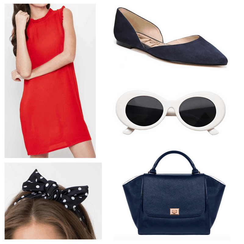 Red dress, white sunglasses, navy shoes, bag and head scarf.