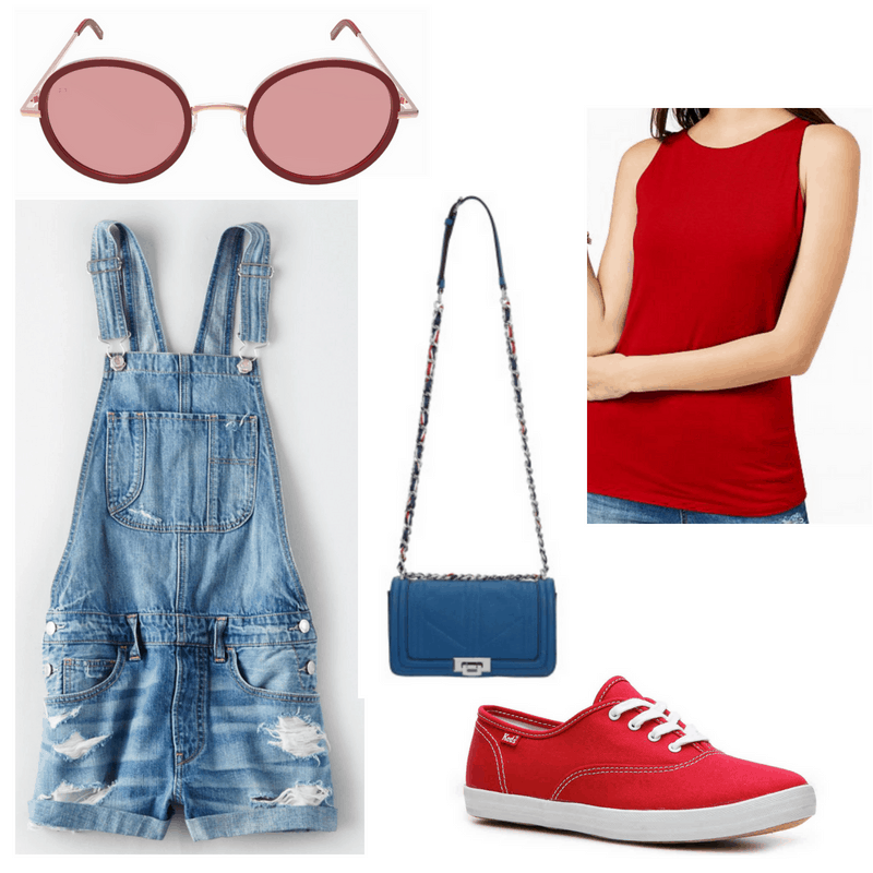 Red top, sneakers and sunglasses, blue bag and overalls.