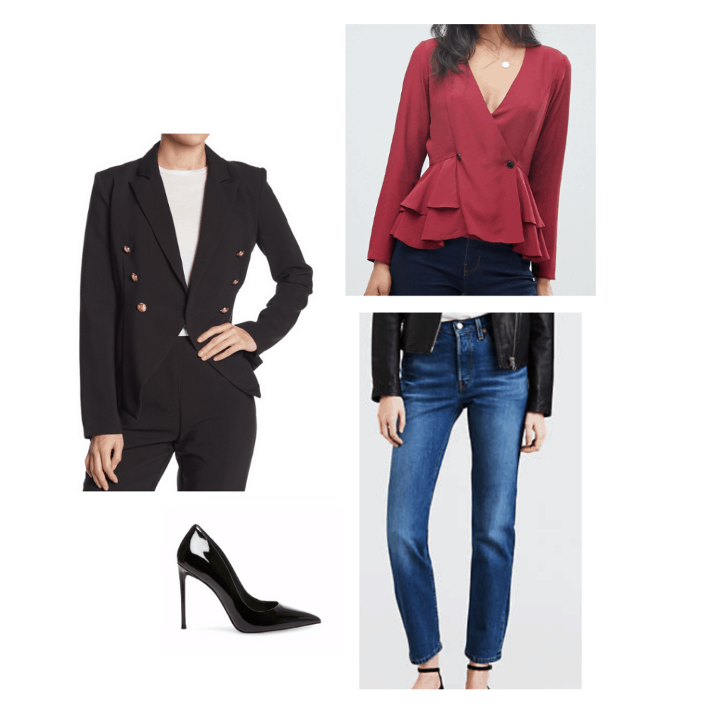 Blake Lively inspired outfit with black blazer, red top, dark wash jeans, black heels