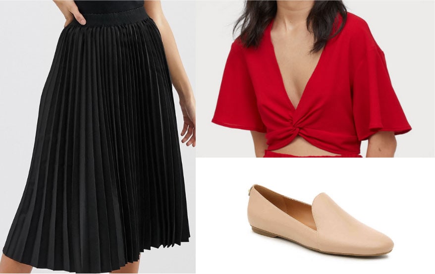 Gemma Chan outfit 1 with black pleated skirt, red knot front crop top, beige loafers