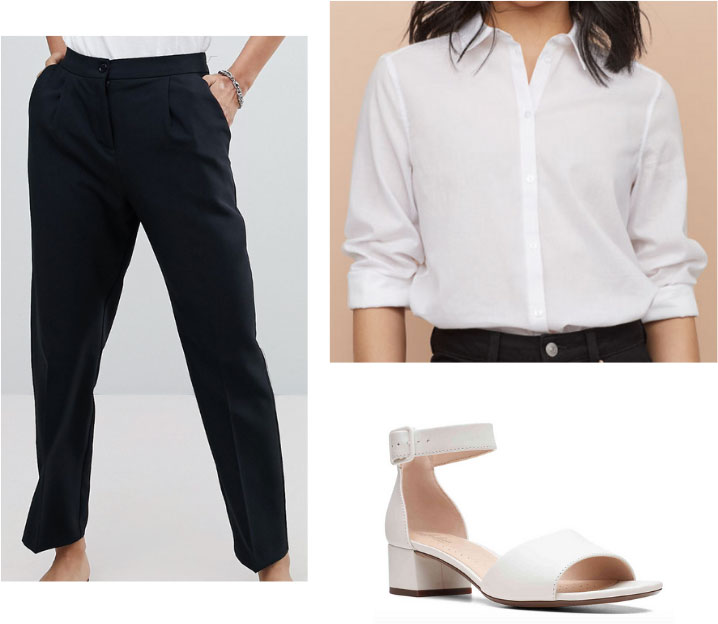 Gemma Chan outfit with black trousers, white button-down shirt, white strappy heels