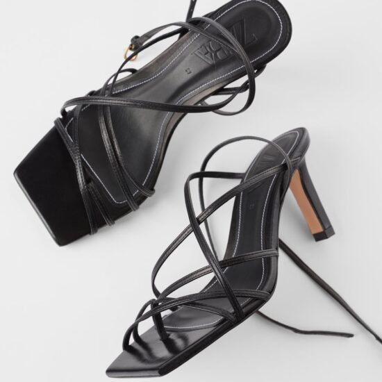 Square toe heeled sandals in black with long leather straps