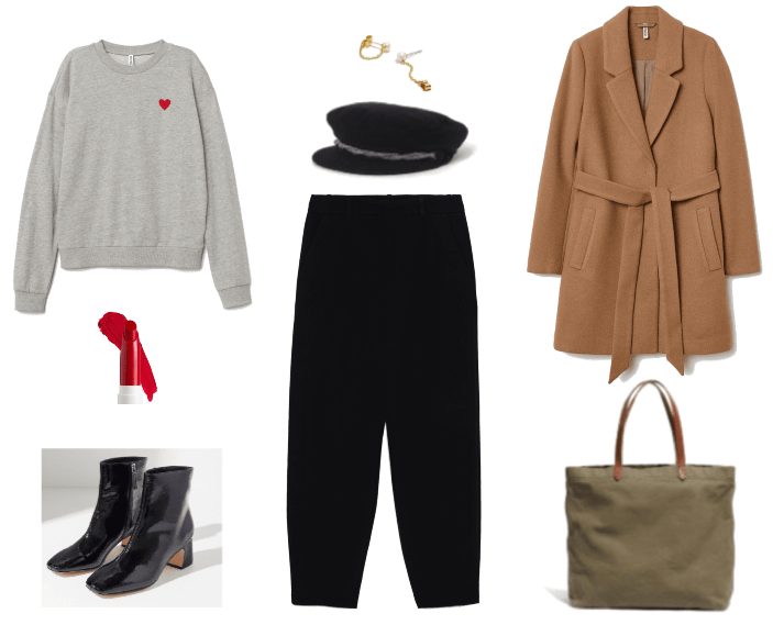 Ask CF: How Do I Dress My Age? Outfit #3 with heart sweater, oversized trousers, ankle boots, wrap coat