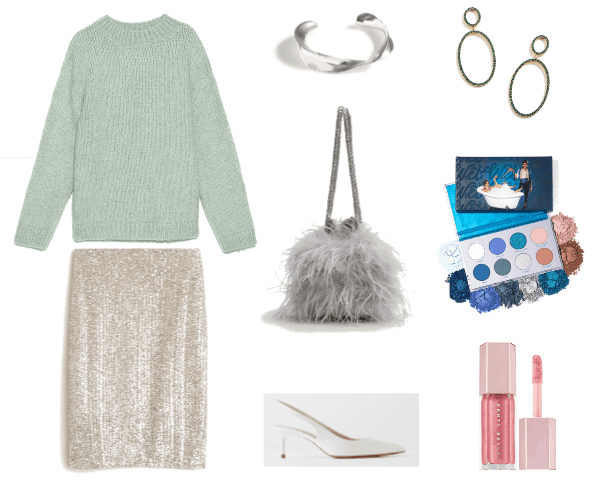 Ask CF: How to look older - Outfit #4 with sequin skirt, cropped sweater, furry bag, makeup, slingback heels