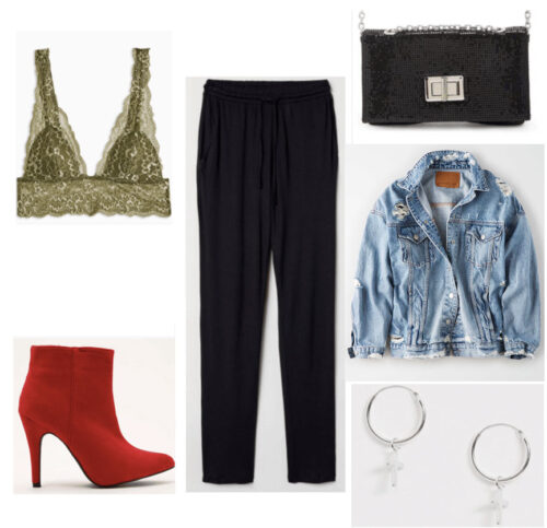 80s fashion - outfit with bralette, oversized trousers, ankle boots, denim jacket