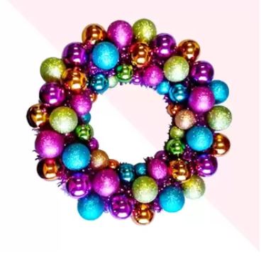 Colorful wreath made of ornaments.