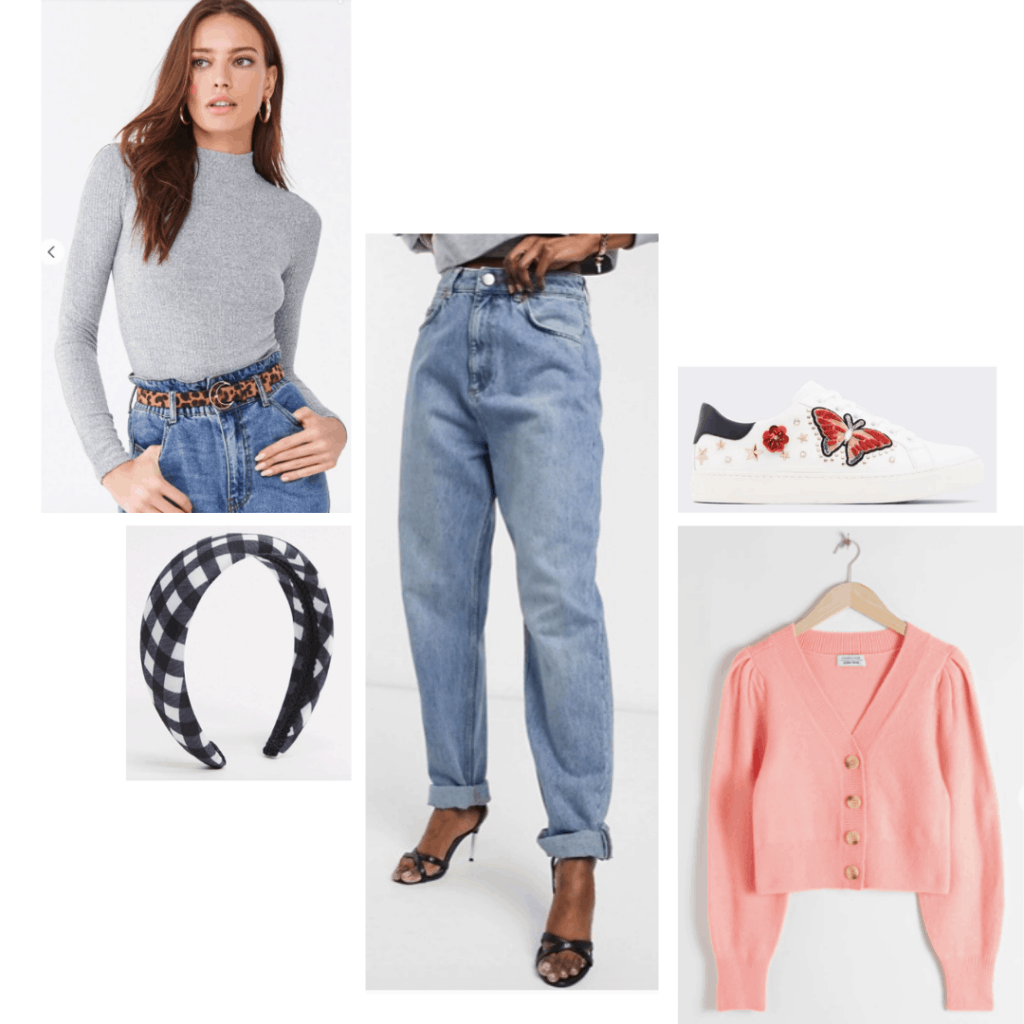 Cozy date night mom jeans outfit: Light wash baggy mom jeans, headband, butterfly sneakers, pink cardigan, bodysuit