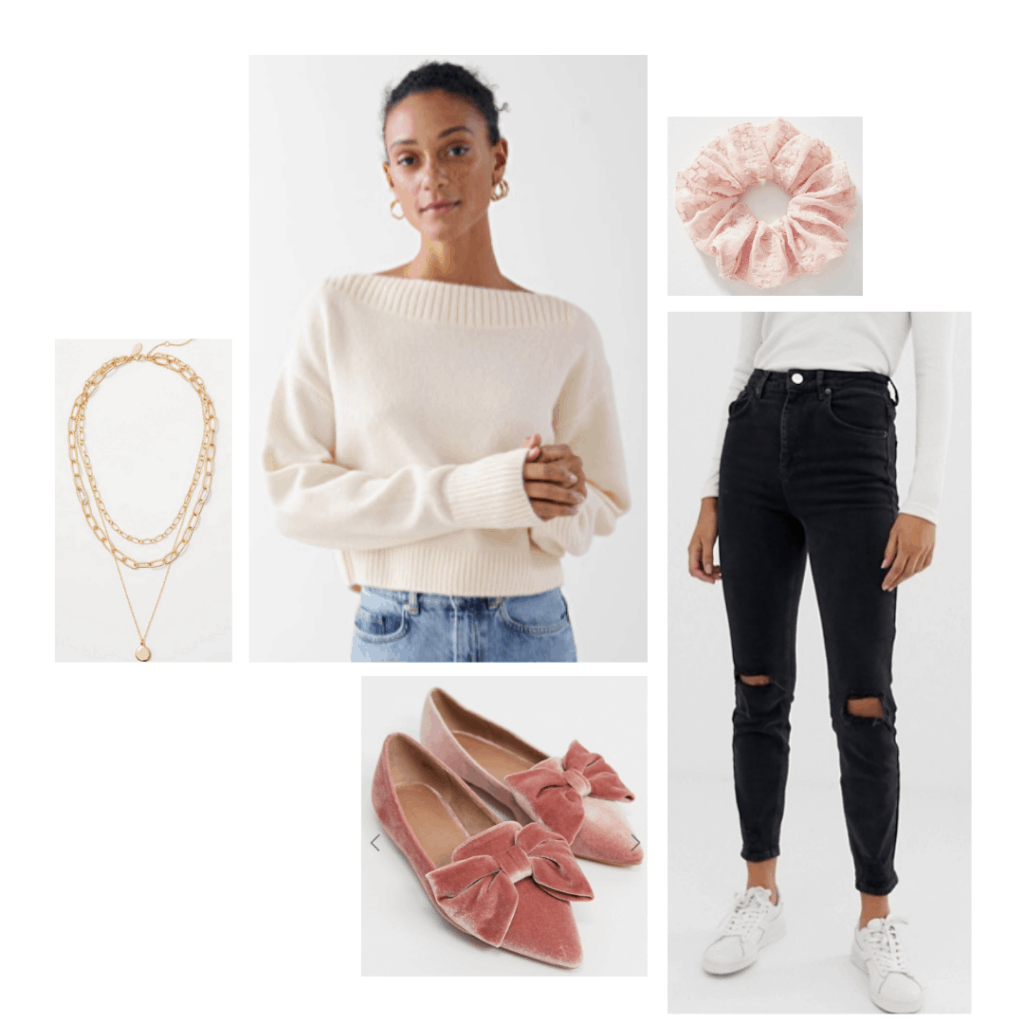 Mom jeans outfit with white sweater, black ripped mom jeans, velvet bow flats, scrunchie, gold necklaces