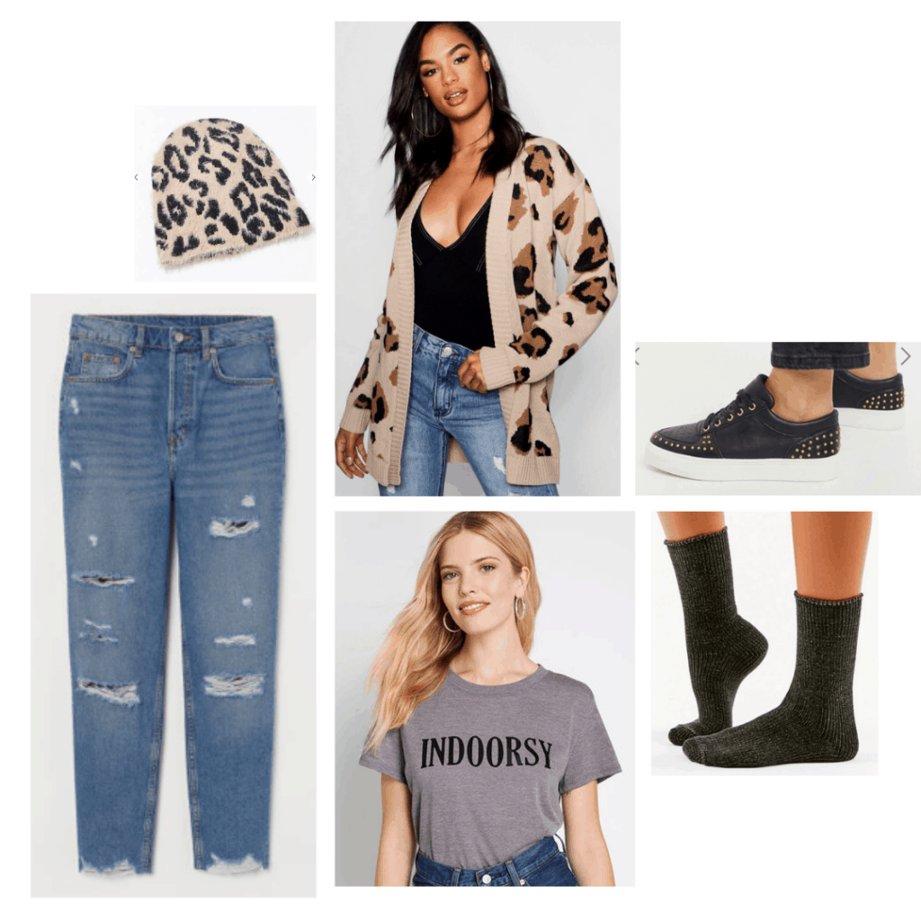 How to wear mom jeans: Mom jeans outfit with leopard cardigan and hat, T-shirt that says Indoorsy, black socks and black studded sneakers