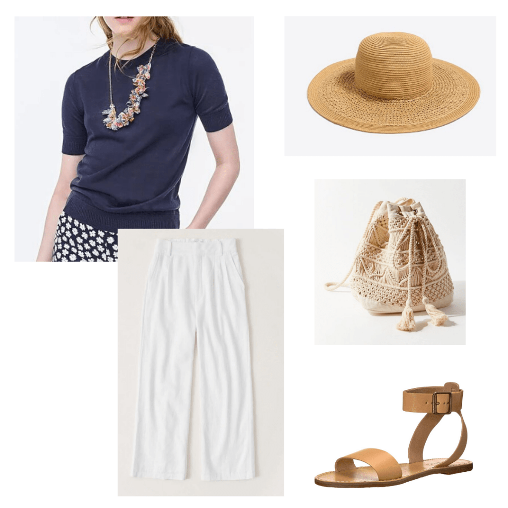 J.Crew sweater and woven hat, Abercrombie linen pants, Urban Outfitters woven backpack, Madewell leather brown sandals