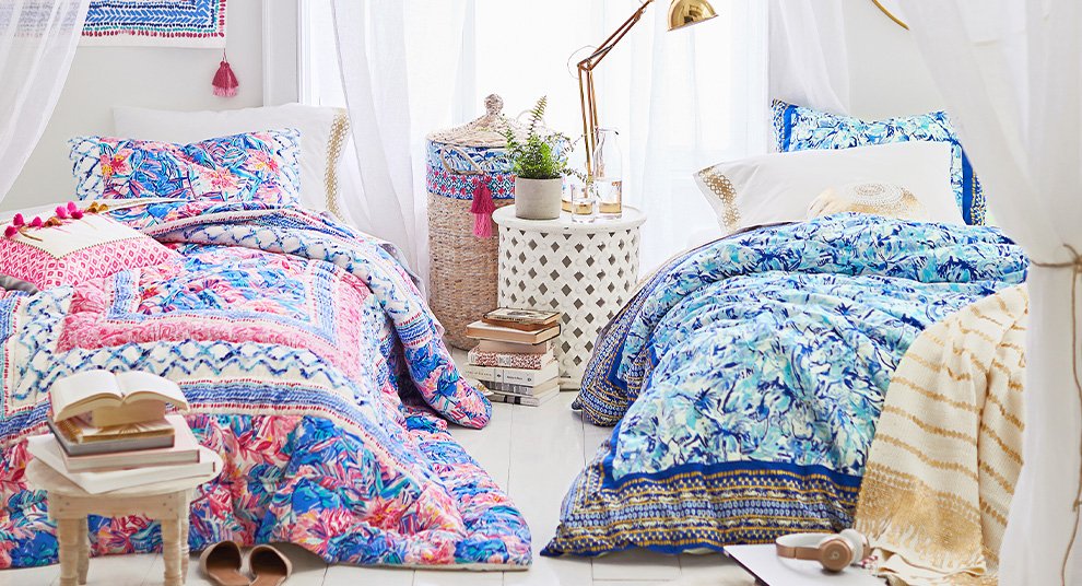 Brightly colored dorm room from Lily Pulitzer