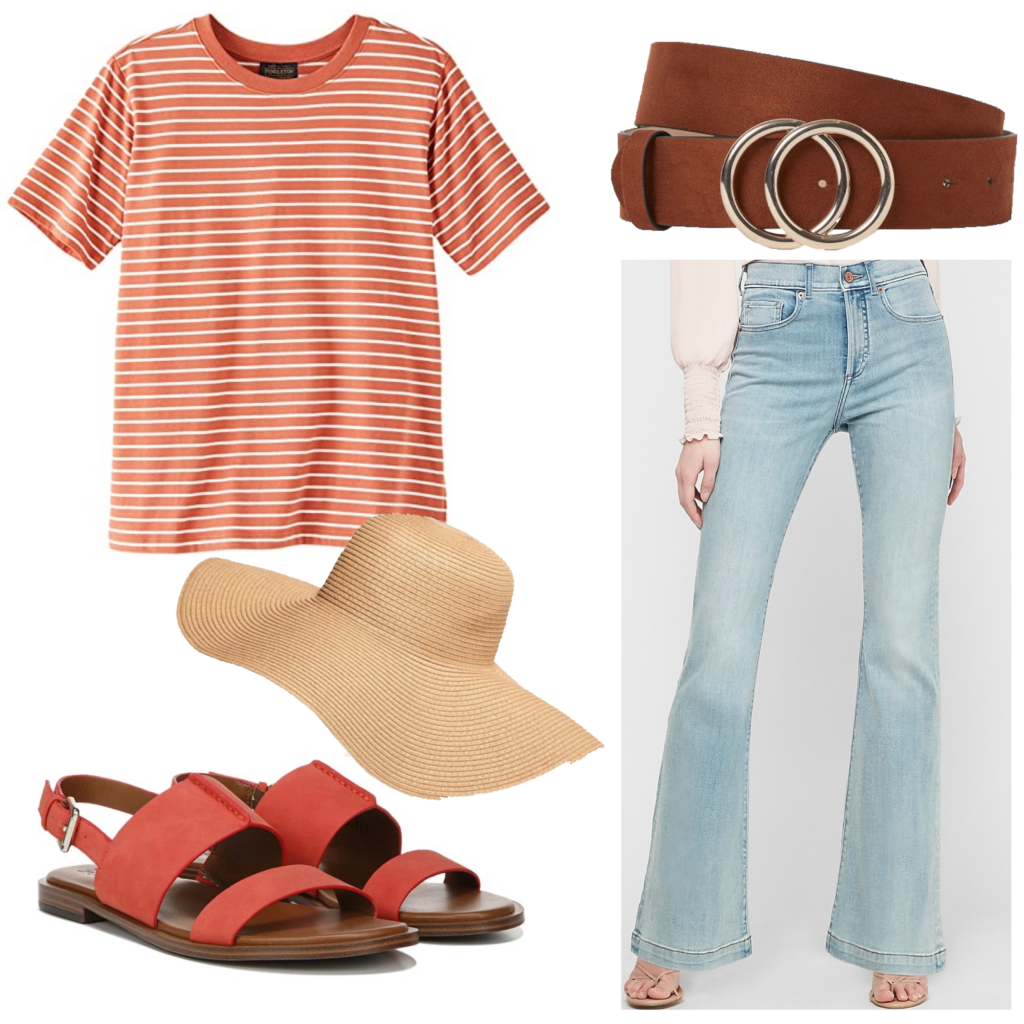 Outfit set featuring an orange t-shirt and orange sandals