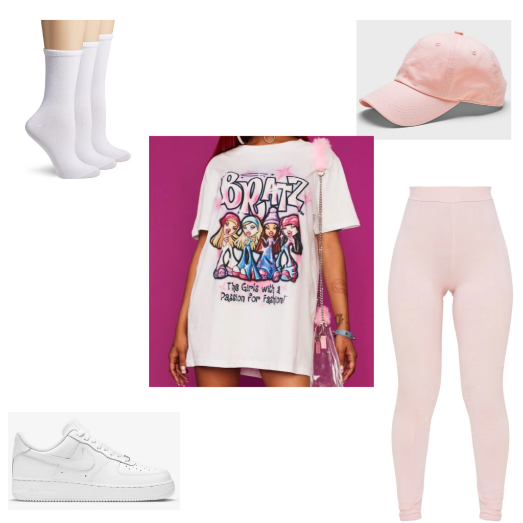 Leggings outfit #3: Pink leggings, oversized tee shirt, pink dad hat, socks, Air Force 1s