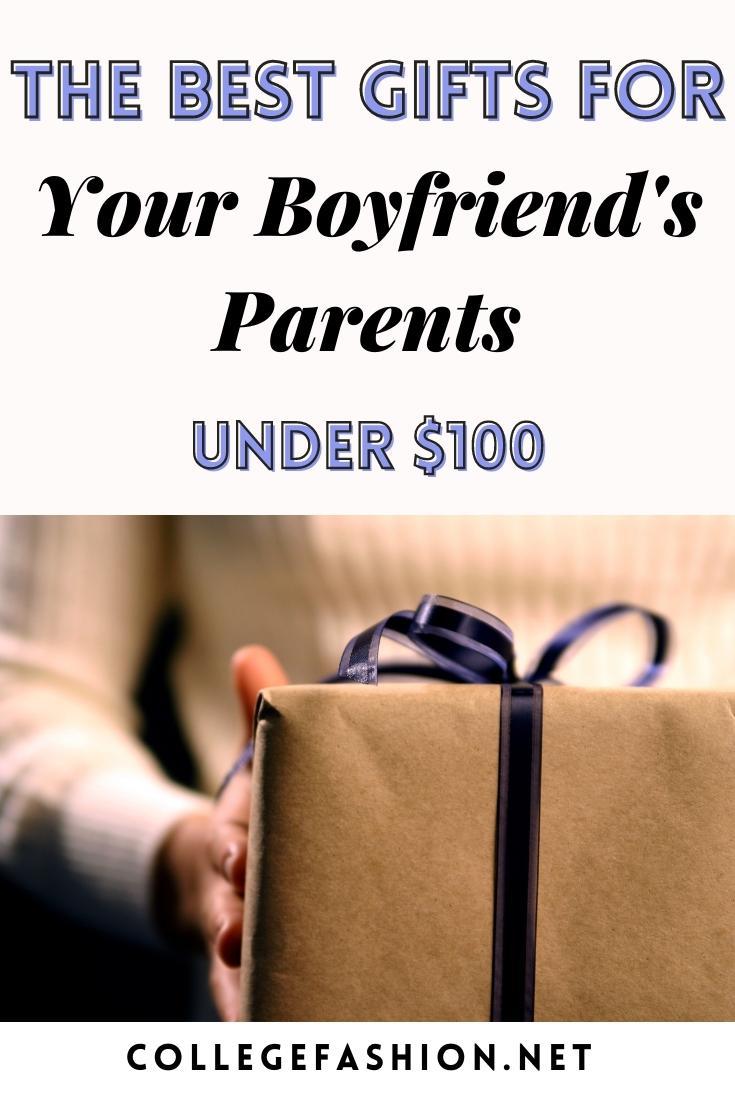 Photo of someone holding a gift box with the text The Best Gifts for Your Boyfriend's Parents Under $100 written above it