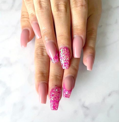 light pink nails with gold glitter