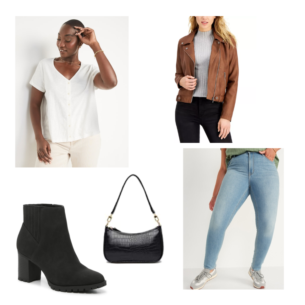 flannel and boots outfit - A white top, brown faux leather moto jacket, black ankle boots, black shoulder bag and light wash denim skinny jeans.