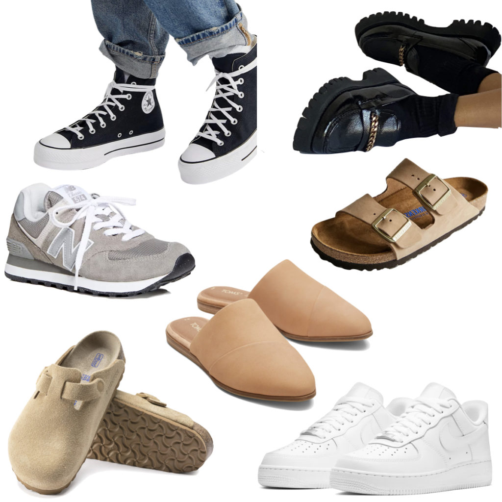 College Everyday Class Shoes - loafers, flip flops, Converse Chuck Taylor All Star High Top sneakers, Birkenstock sandals, Boston clogs, Nike Air Force 1, New Balance Sneakers - everyday shoes