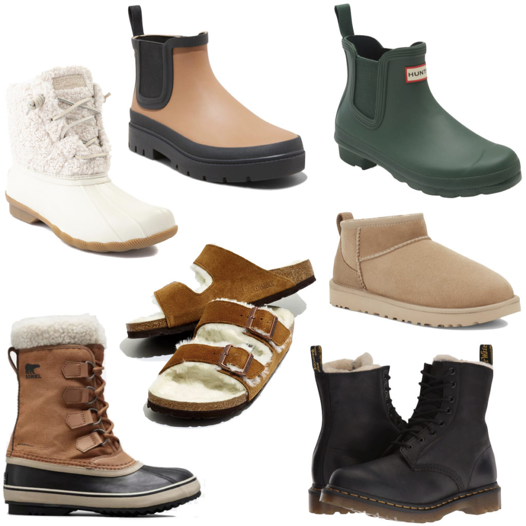 College Inclement Weather shoes: rain boots, winter boots, Ugg boots, duck boots, shearling combat boots, shearling sandals, everyday shoes, college shoes
