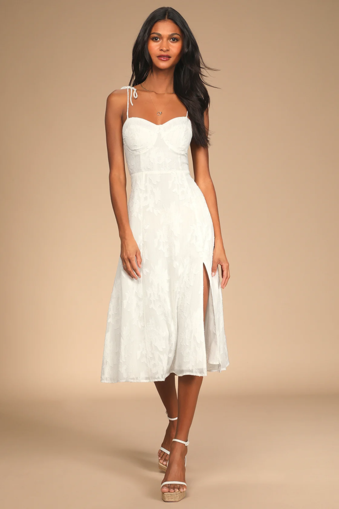 graduation dress ideas - White midi tie strap dress from Lulus with jacquard print