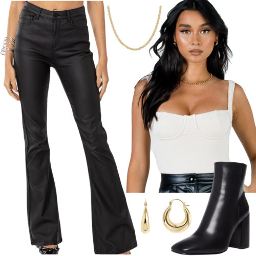 classic party theme - College Party Outfit with faux leather pants and a bodysuit - college party themes, disney party