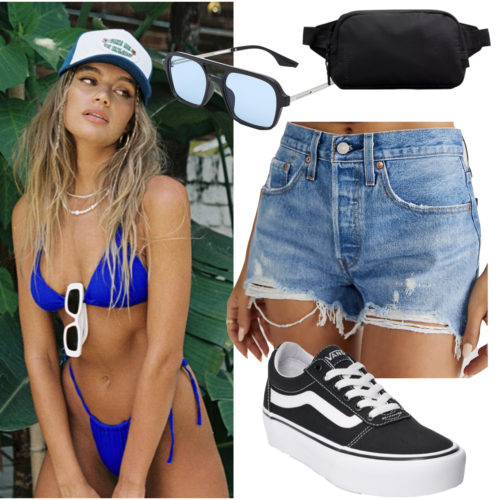 College Pool Party Outfit with a bikini and denim shorts - college parties, theme party, foam party