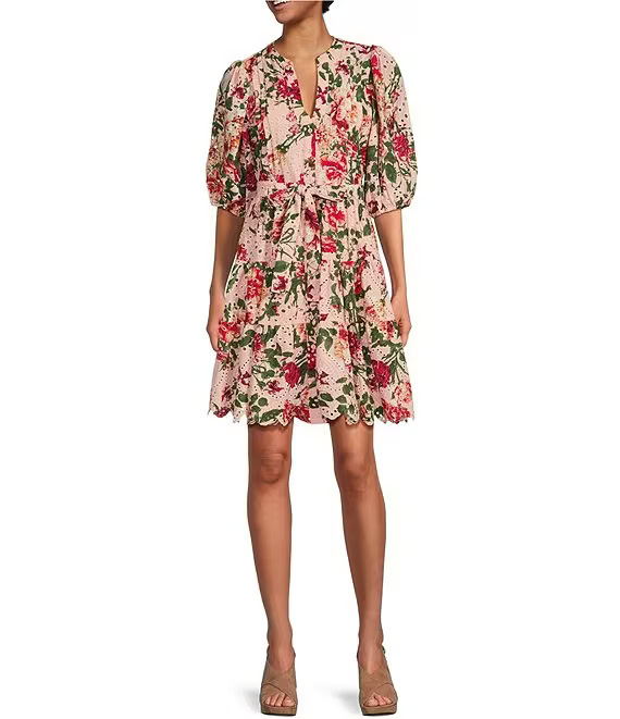 Floral Printed Eyelet Split Round Neck Elbow Puff Sleeve Button Down Belted Scallop Hem Pocketed A-Line Dress