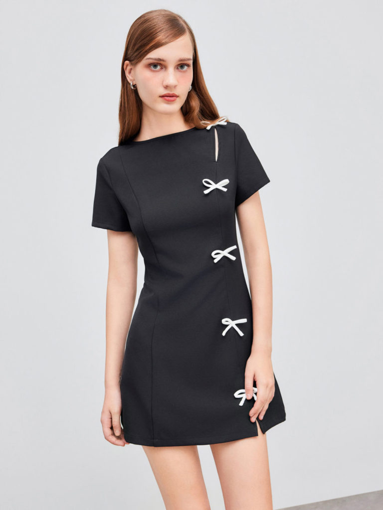 WOVEN ROUND NECK SOLID BOWKNOT MINI DRESS