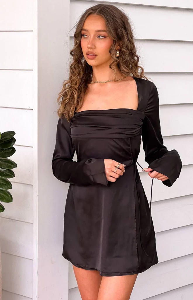 Lucy Black Satin Long Sleeve Mini Dress