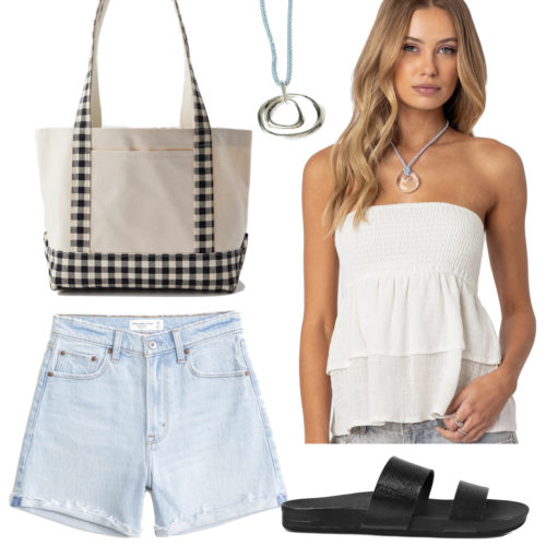 Summer College Outfit #1 with jean shorts, sandals, and a cute top
