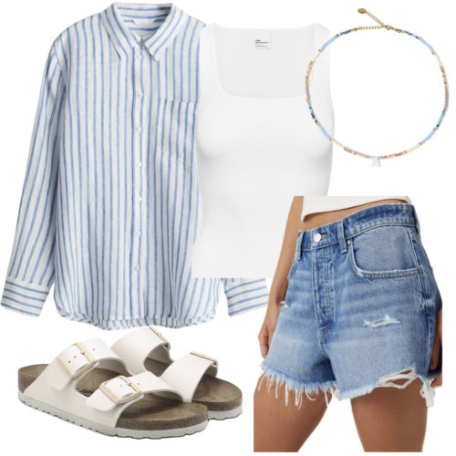 Summer College Outfit 10 with denim shorts, sandals, and a button-down shirt